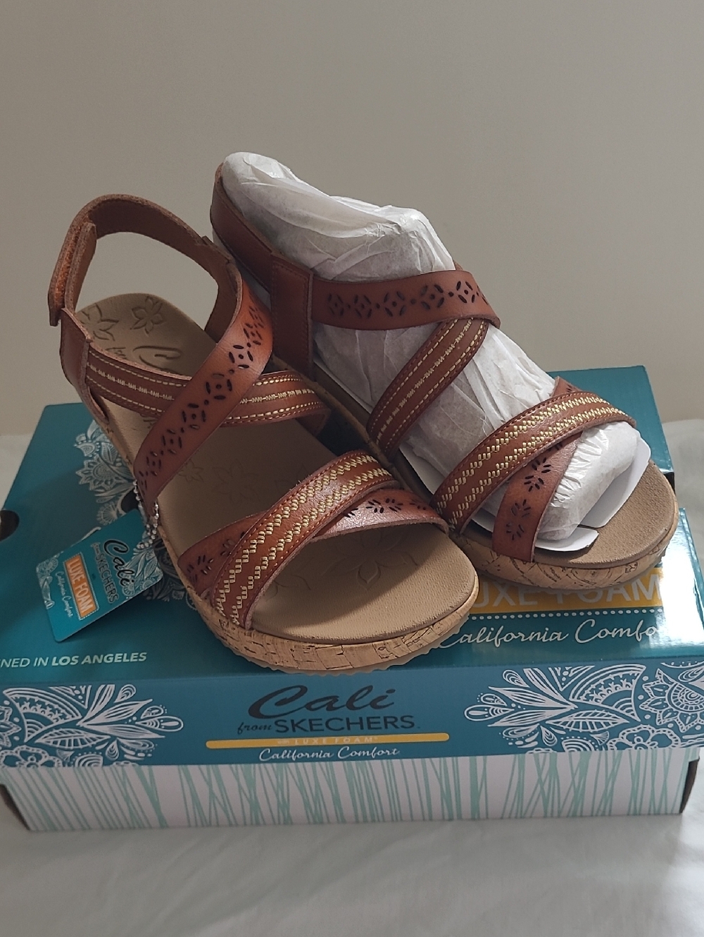 119339 Skechers Women's Brown Strappy Wedge Sandals with Gold Stitching